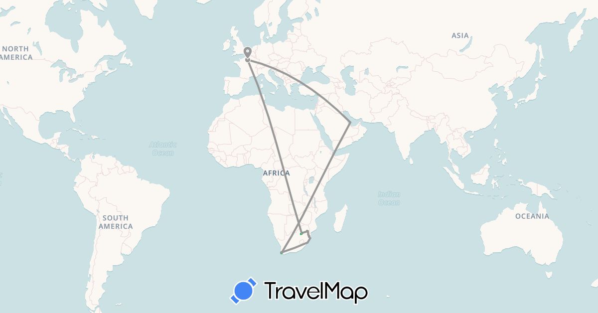 TravelMap itinerary: driving, bus, plane, hiking in France, Qatar, Swaziland, South Africa (Africa, Asia, Europe)